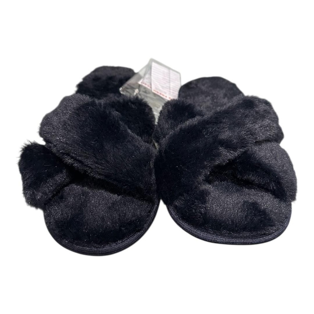Joe Fresh Slippers Womens Size 9 Black Faux Fur Slide House Shoes Fuzzy Cozy